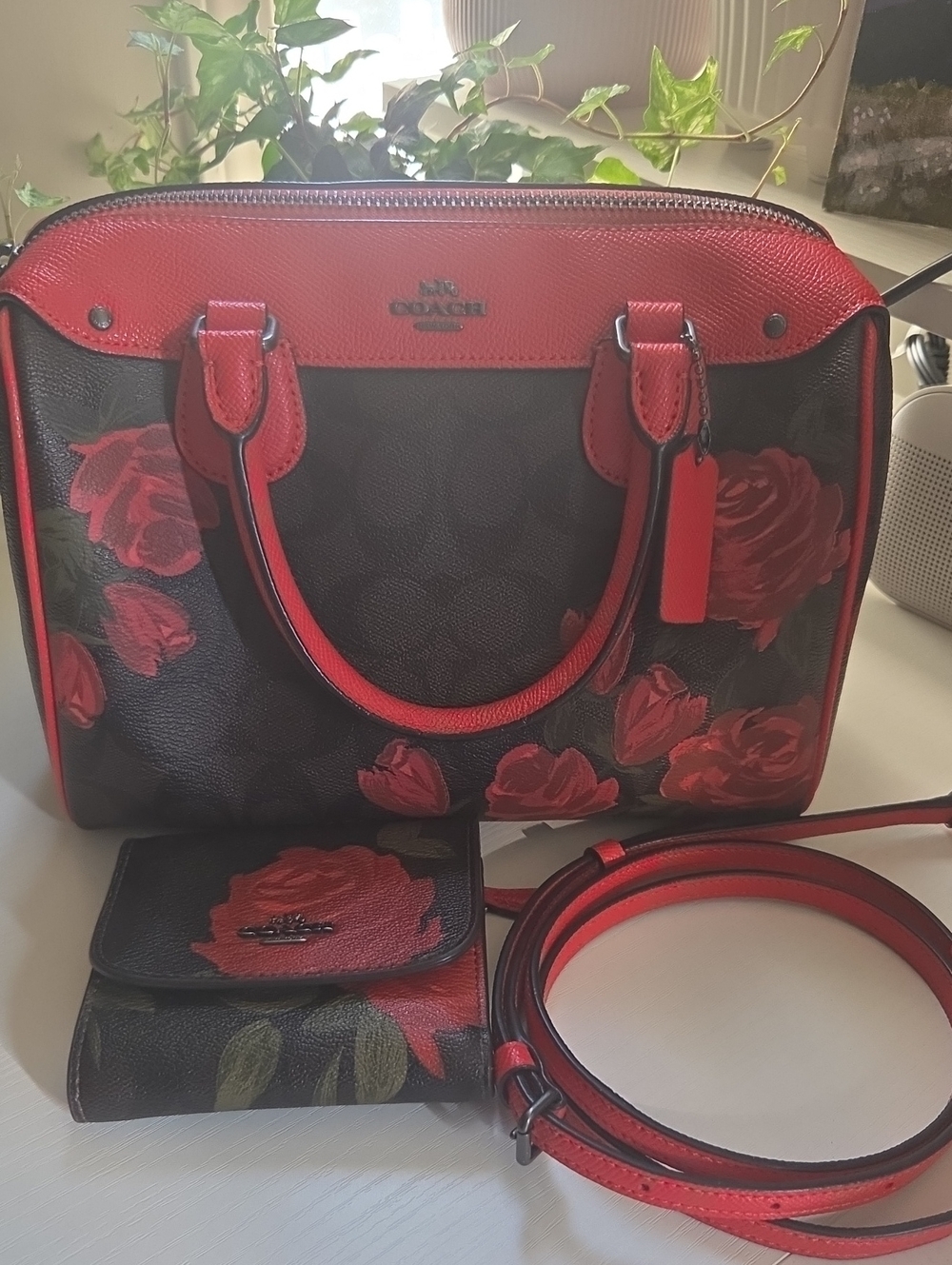 Coach Brown Signature Floral Satchel with Red Trim